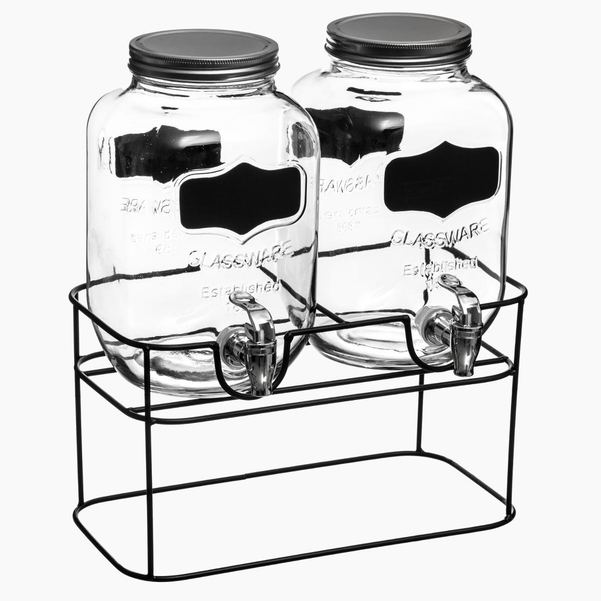 Set Of 2 Glass Drink Dispenser With Stand 4l Glass Jar Beverage